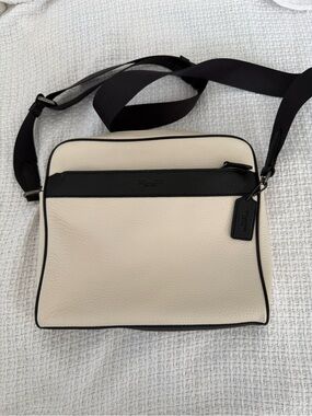 Coach Chalk and Black Pebbled Leather Crossbody Bag with Adjustable Strap